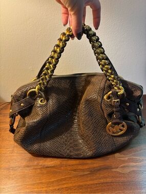 Michael Kors Brown Snake-Embossed Leather Satchel with Gold Chain Handles